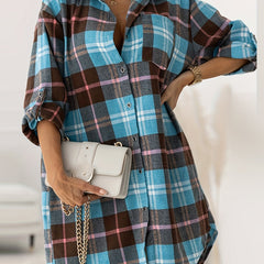 Women's Plus Plaid Button Up Blouse Roll Up Sleeve