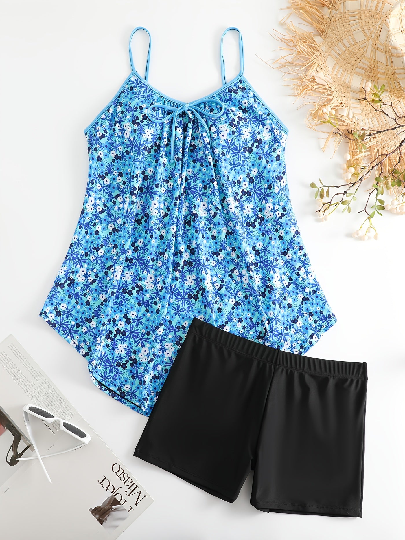  Boho Tankini Set Women's Plus Ditsy Floral Print Tie Front V Neck Cami