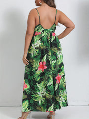  Boho Dress Women's Plus Tropical Print V Neck Nipped Waist Pleated Cam