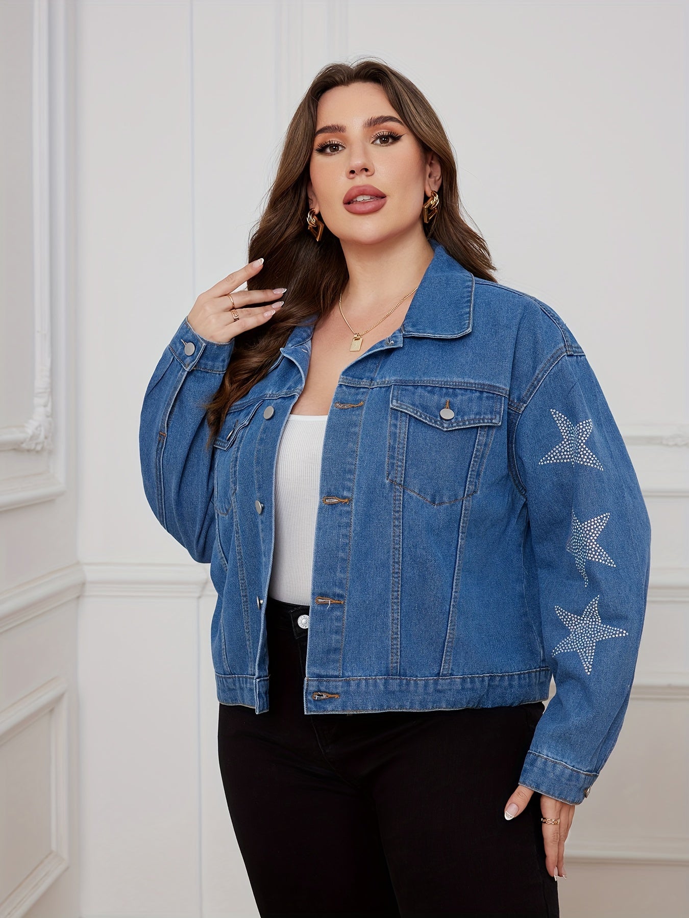  Star Print Button Up Denim Jacket