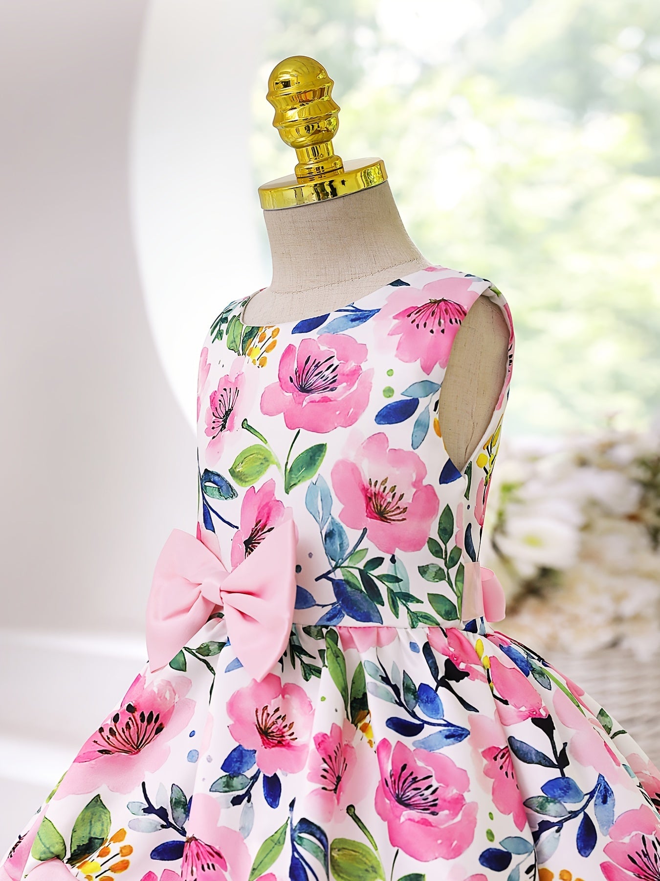 Girls Elegant Floral Print Sleeveless Dress with Bow