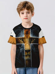 Lion Cross 3D Print Boys T-shirt Summer Lightweight Round Neck Top