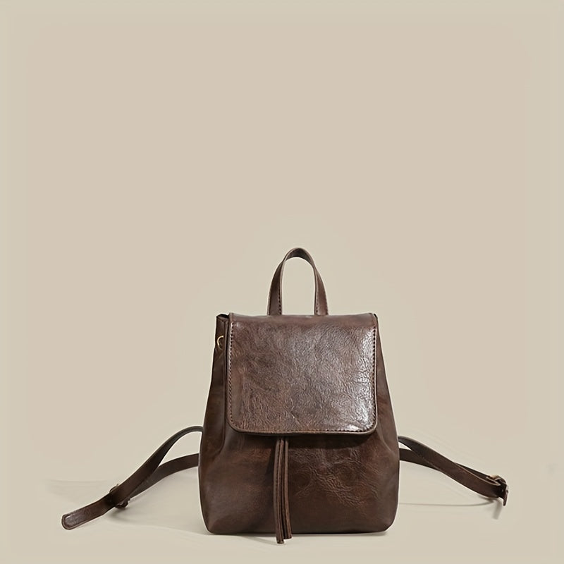 Small Drawstring Flap Backpack PU Leather Textured School Backpack