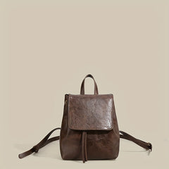 Small Drawstring Flap Backpack PU Leather Textured School Backpack