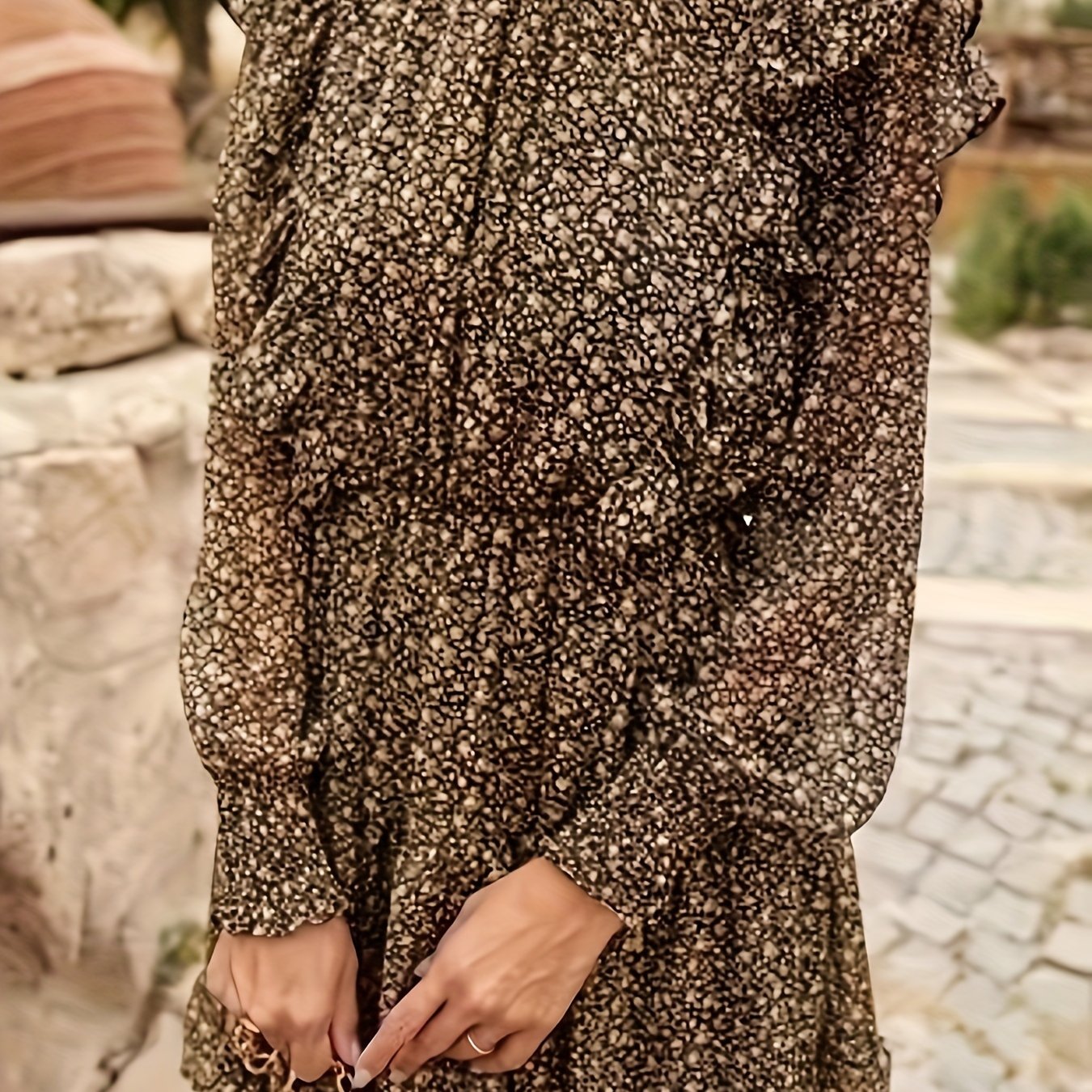 Women's Plus Ditsy Print Lantern Sleeve High Neck Ruffle Trim Dress