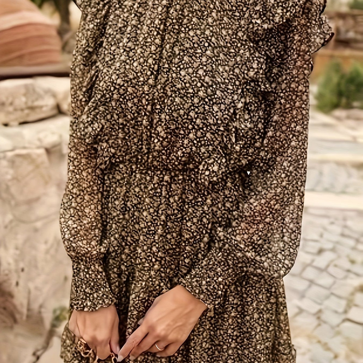 Women's Plus Ditsy Print Lantern Sleeve High Neck Ruffle Trim Dress