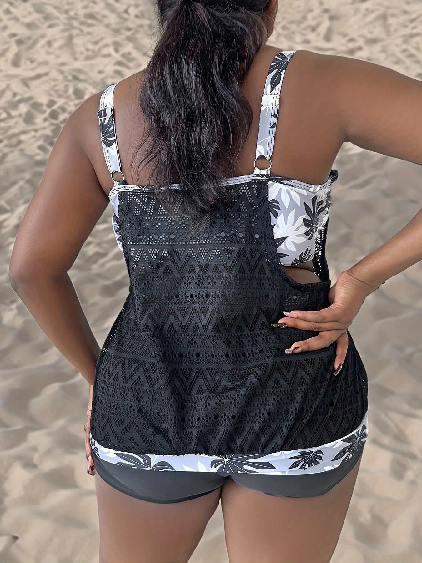  Colorblock Leaf Print Tankini Set