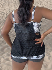  Colorblock Leaf Print Tankini Set