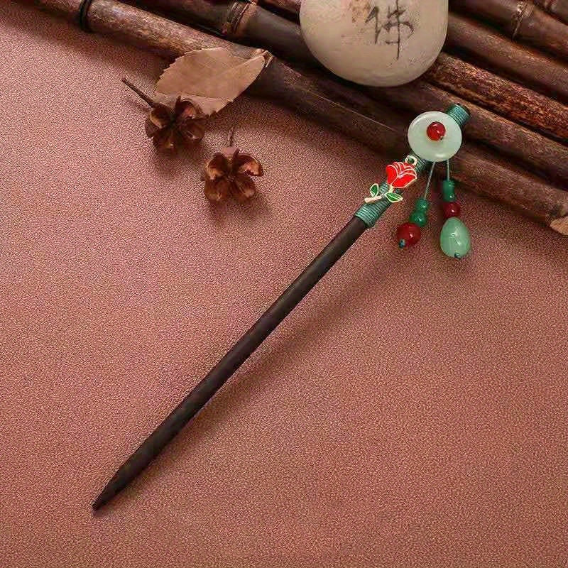 Chinese Style Faux Jade Hair Pin Wooden Hair Stick Ponytail Holder Women