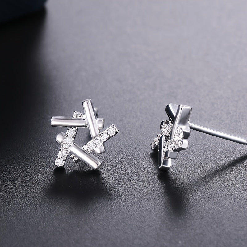 925 Silver Plated Star Stud Earrings Zircon Micro Paved Bridal Jewelry Women