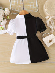 Toddler Girls Puff Sleeve Button Block Casual Shirt Dress