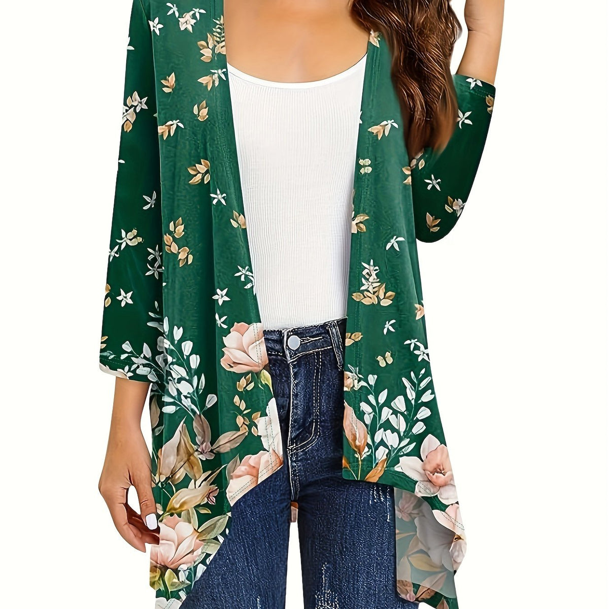 Floral Print Open Front Cardigan