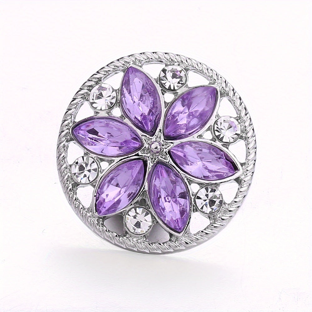 Alloy Flower Decor Round Snap Button with Rhinestones for DIY Jewelry