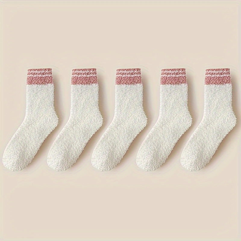 5 Pairs Striped Fuzzy Socks Comfy & Warm Women's Stockings