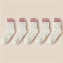 5 Pairs Striped Fuzzy Socks Comfy & Warm Women's Stockings