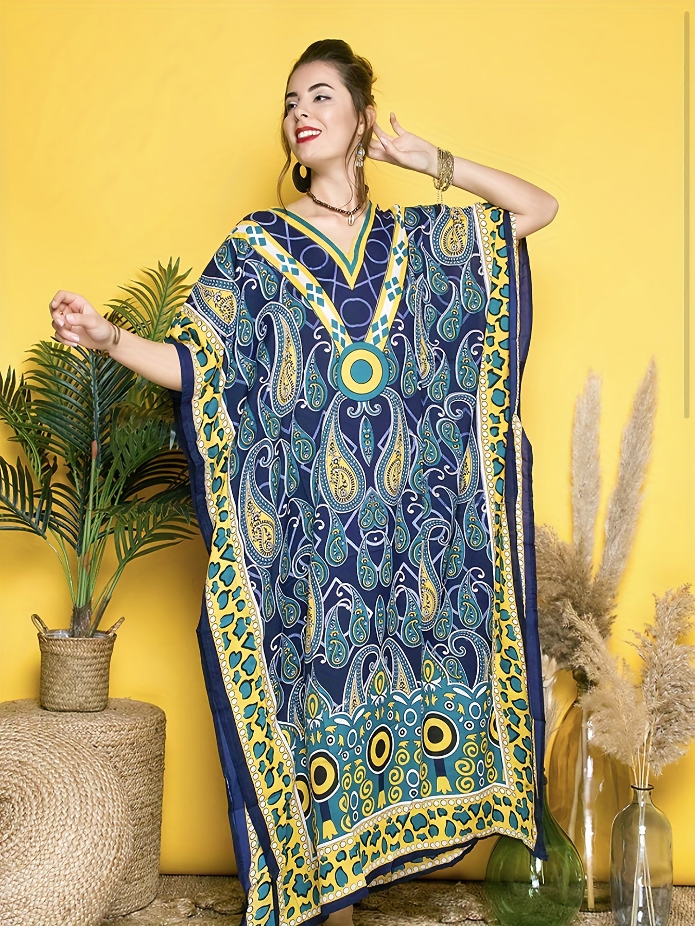  Boho Cover Up African Ethnic Print Bat Sleeve V Neck Split Dress