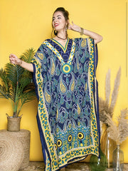 Boho Cover Up African Ethnic Print Bat Sleeve V Neck Split Dress