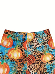 Pumpkin & Leopard Print Skinny Leggings Women's Clothing