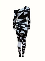  Geo Print One Shoulder Top & Leggings Set