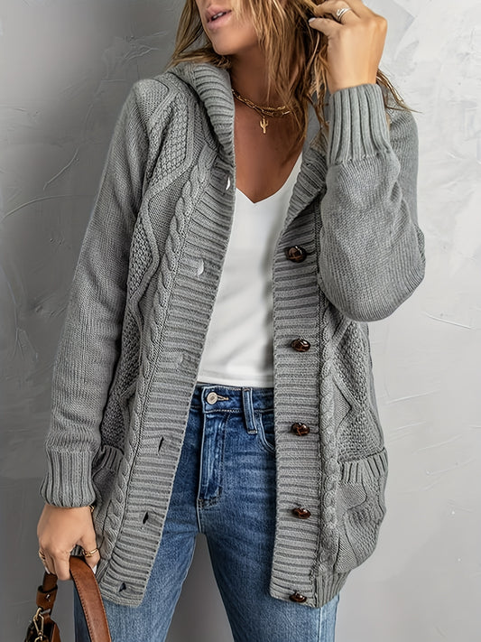  Hooded Cardigan Button-Up Long Sleeve with Pockets