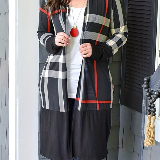  Plaid Print Long Sleeve Open Front Cardigan