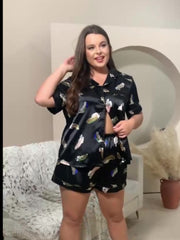  Satin Feather Print Pajama Set