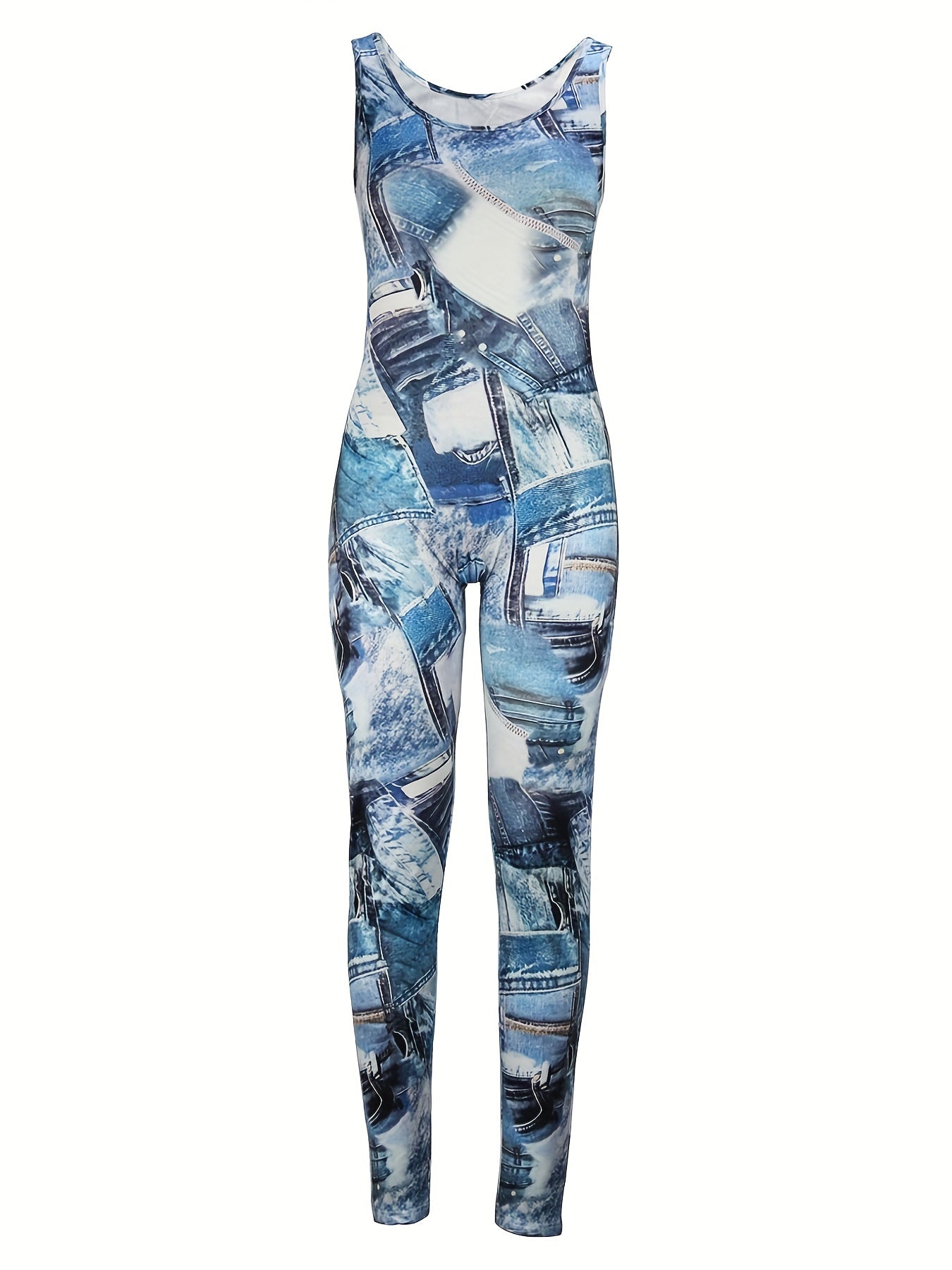 Denim Print Slim Tank Jumpsuit Casual Sleeveless Jumpsuit