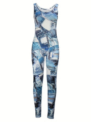 Denim Print Slim Tank Jumpsuit Casual Sleeveless Jumpsuit