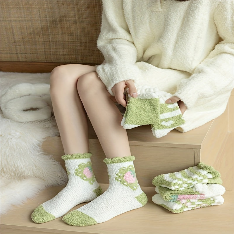 6 Pairs Heart & Stripe Pattern Plush Socks Soft Mid Tube Women's Stockings