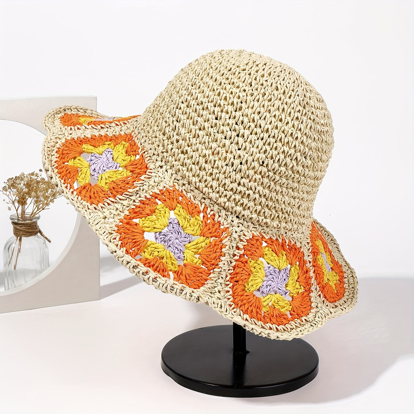 Boho Crochet Bucket Hat With Brim Hollow Out Straw Sun Hat