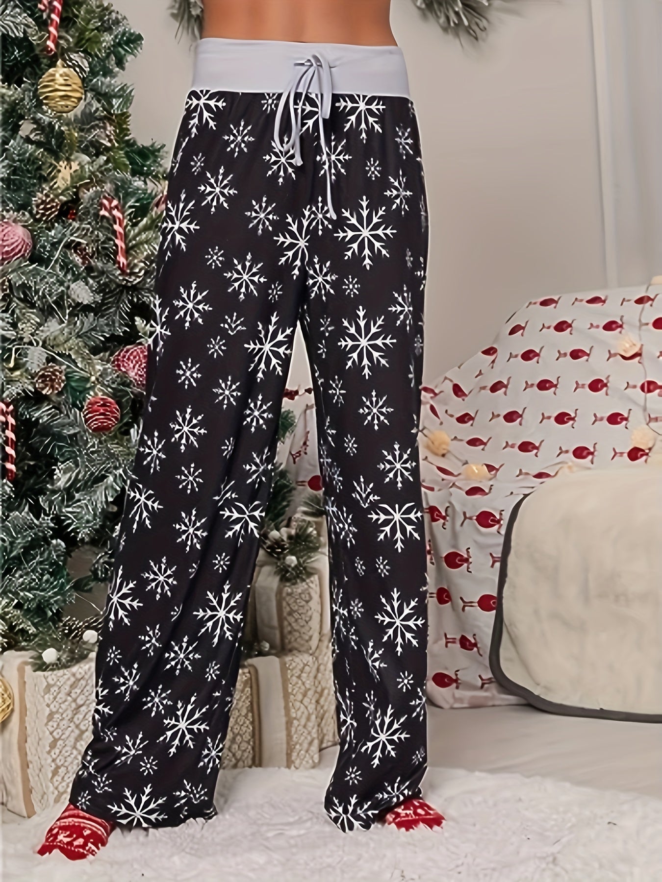  Snowflake Print Drawstring Wide Leg Trousers