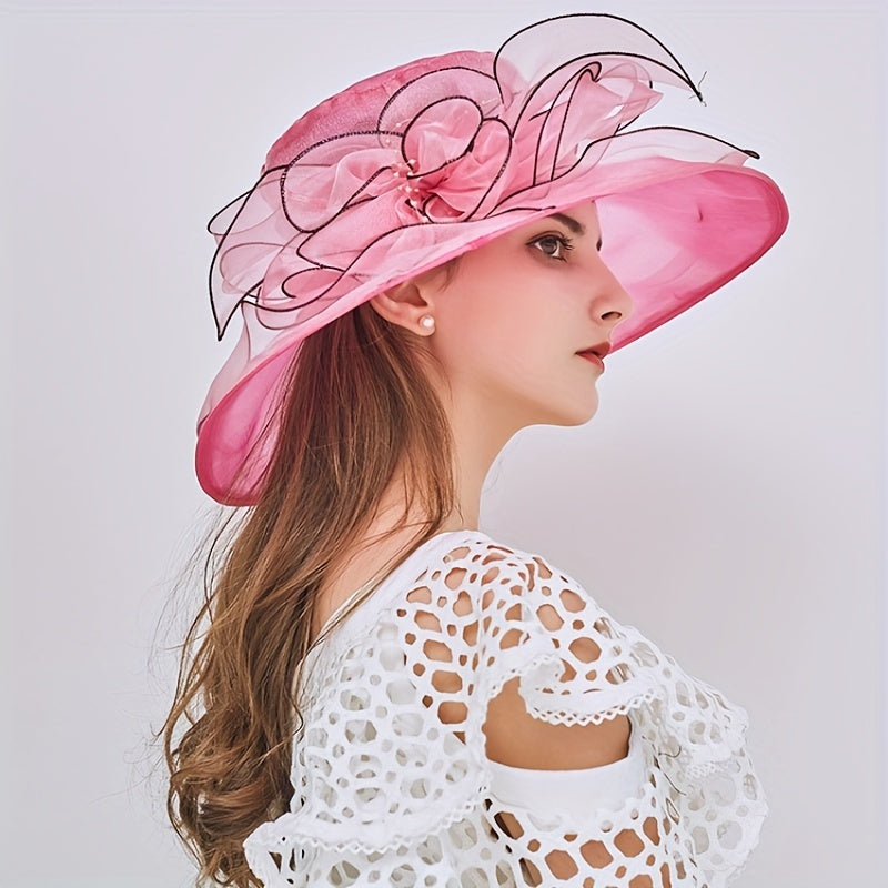 Wide Brim Organza Sun Hat Mesh Breathable Derby Church Hat Flower Decor