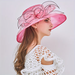 Wide Brim Organza Sun Hat Mesh Breathable Derby Church Hat Flower Decor