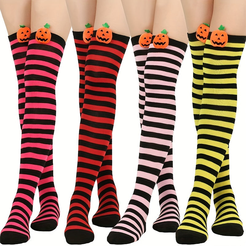 Striped Thigh High Socks Halloween Pumpkin Decor Over The Knee Socks
