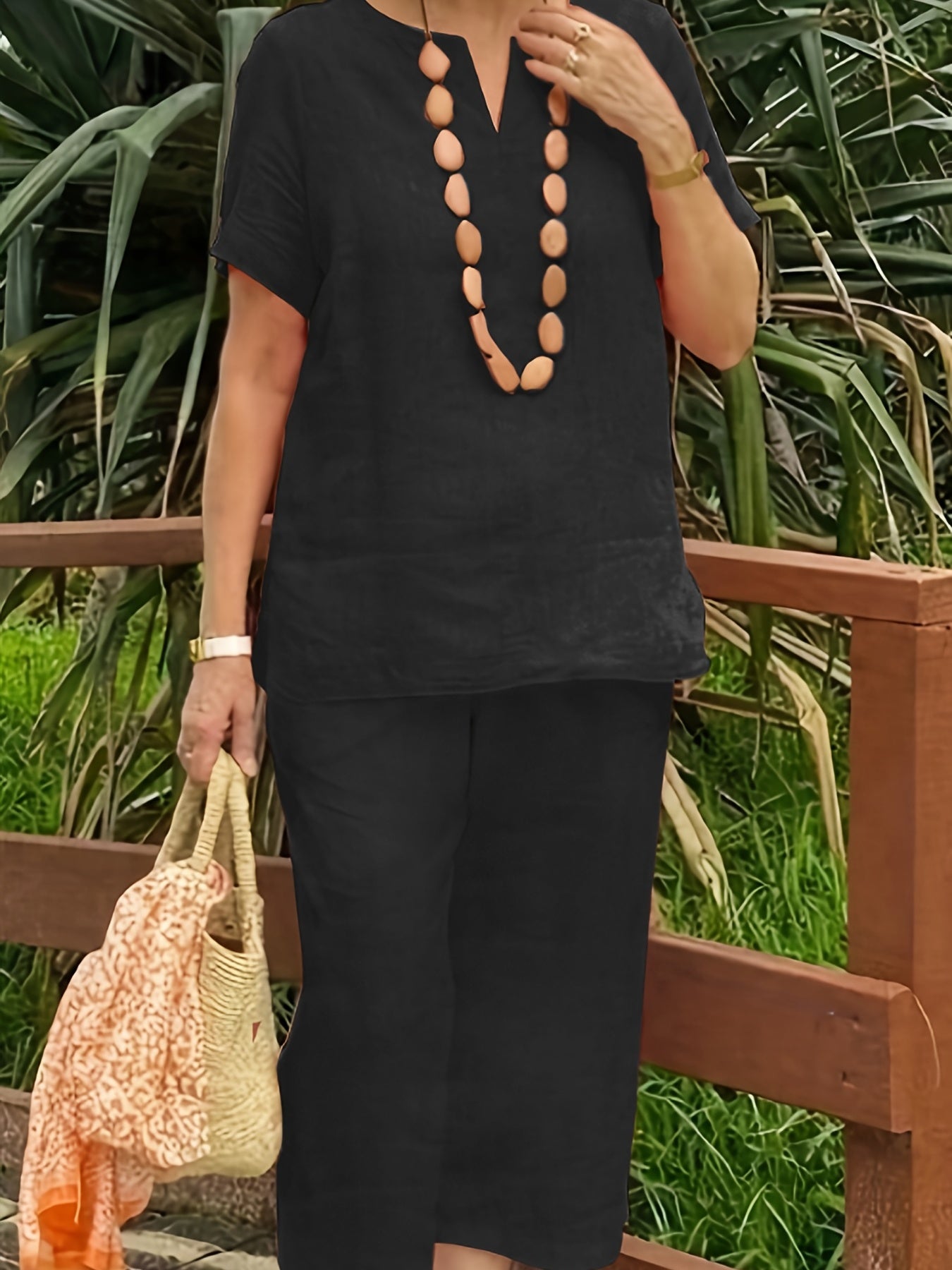  Solid Short Sleeve Top & Wide Leg Pants Set