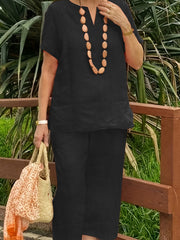  Solid Short Sleeve Top & Wide Leg Pants Set