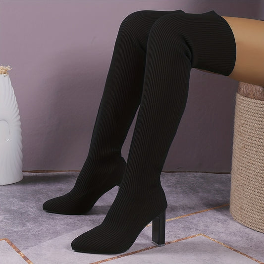 Women's Stretch Over The Knee Boots Pointed Toe Knit High Heels