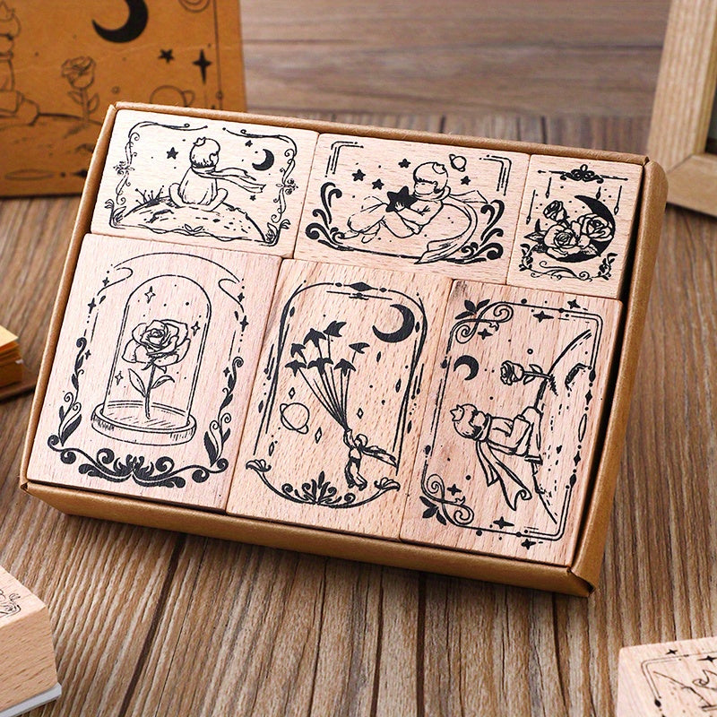 6pcs Wooden Seals Rose Prince DIY Decorative Printing Set