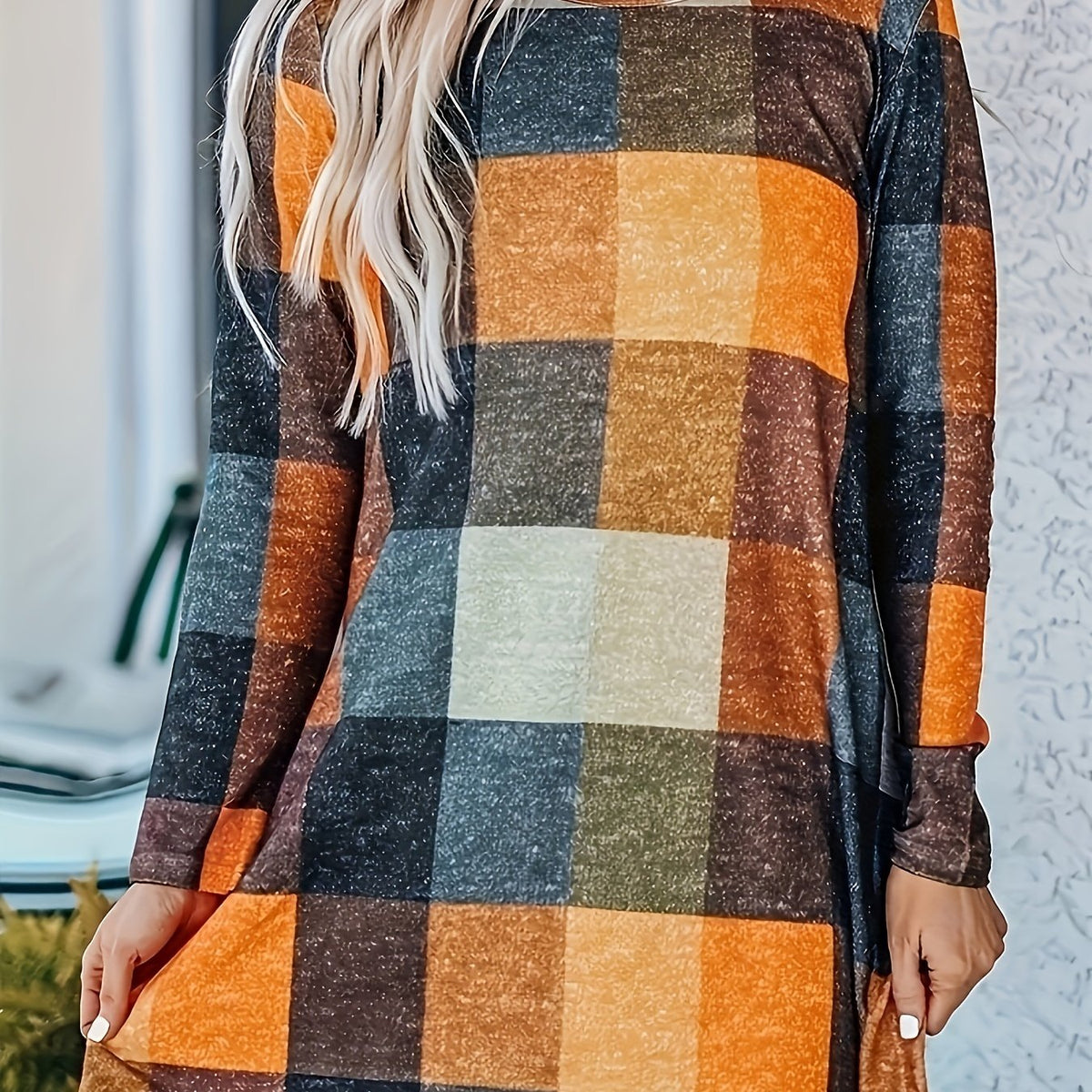  Colorblock Grid Print Long Sleeve Round Neck Dress