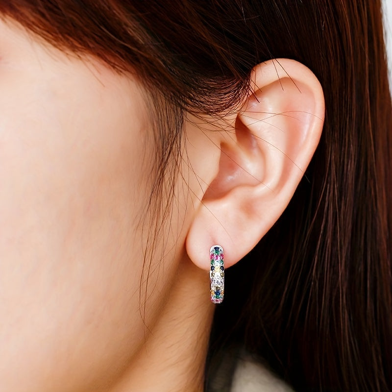 Men's Silver Plate Round Earrings Set with Colorful Zircon, Small Hoop