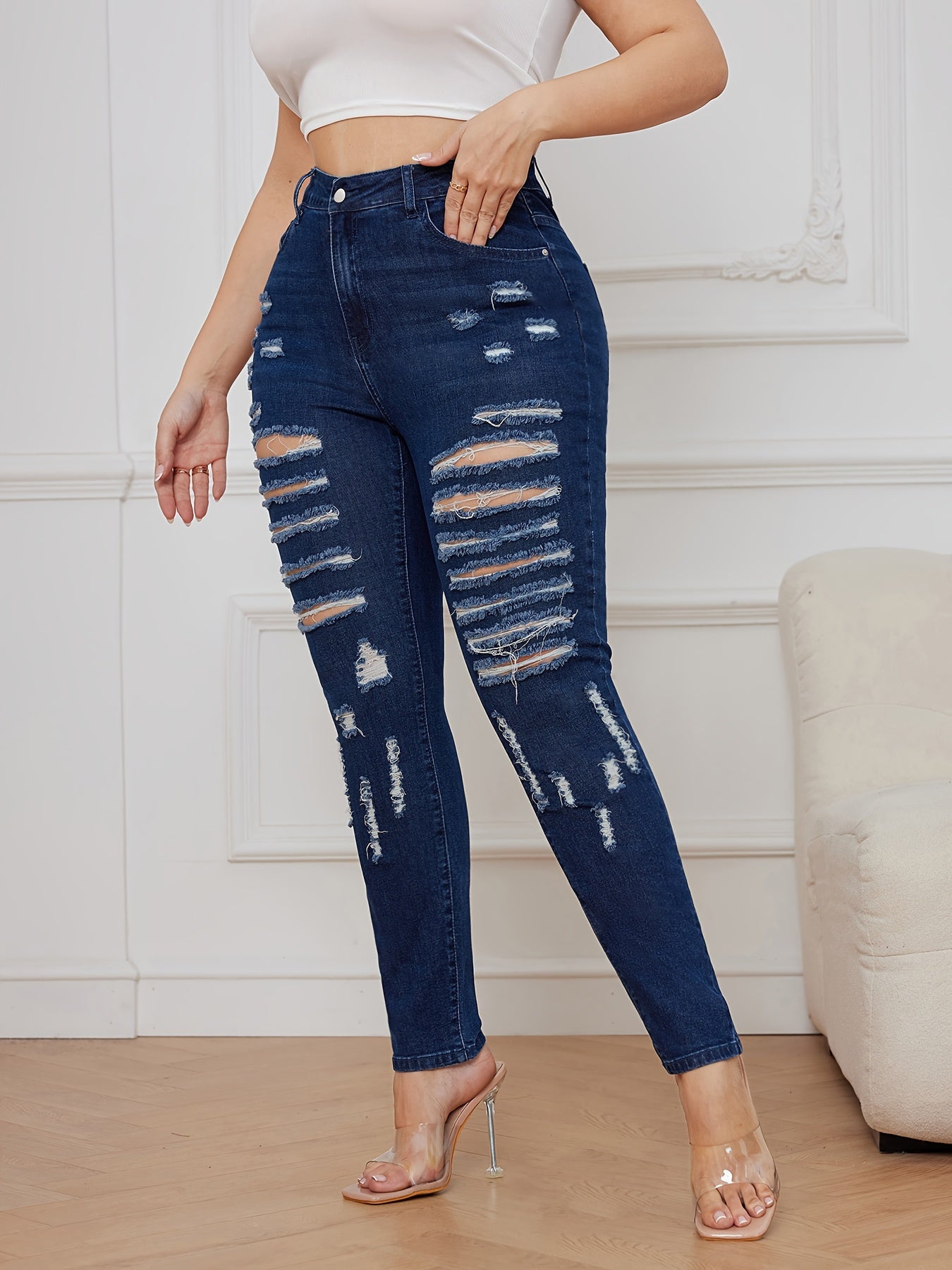  High Rise Skinny Jeans Washed Ripped Button Fly