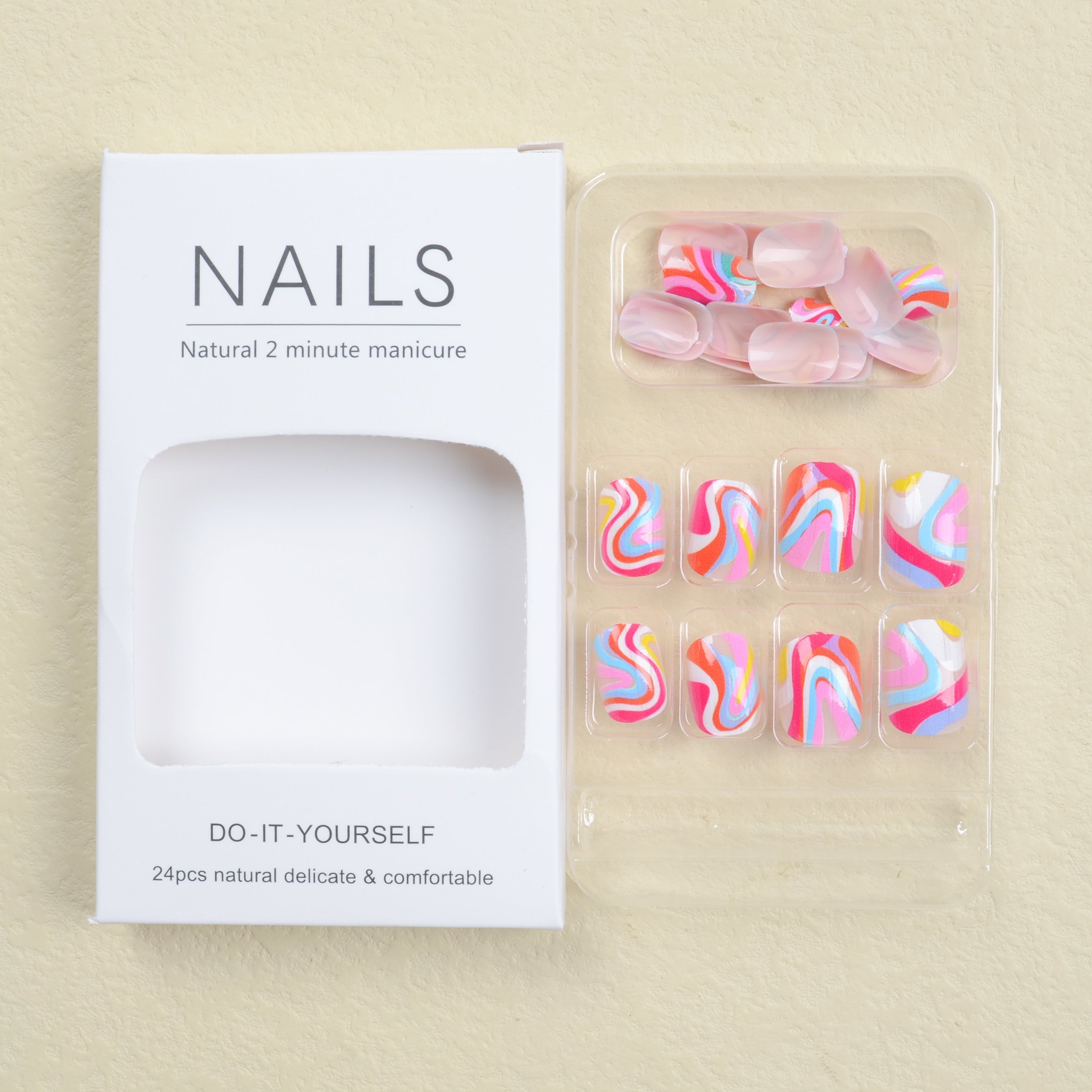 24pcs Rainbow Swirl Press On Nails Glossy Full Coverage Short Oval False Nails