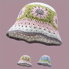 Hollow Crochet Bucket Hat Breathable Sunshade Basin Hat for Women