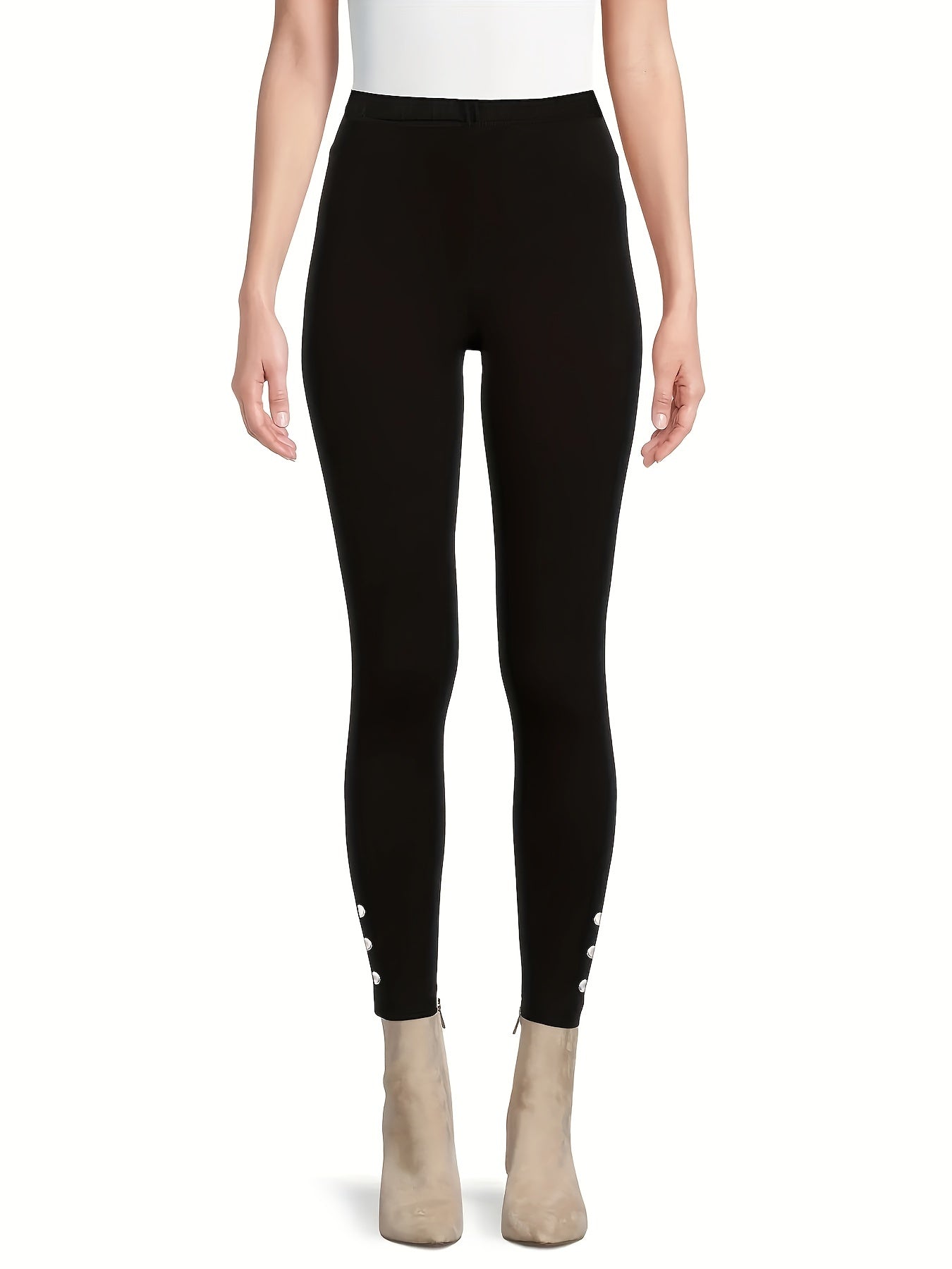  Sports Leggings Women's Plus Solid Button Decor Elastic High Waisted