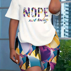 Women's Plus Contrast Letter Tee & Printed Skinny Shorts Two Piece Set