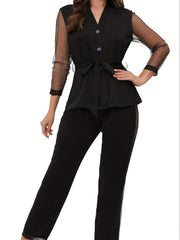 Mesh Stitching Lounge Set Long Sleeve V Neck Top & Elastic Waistband Pants