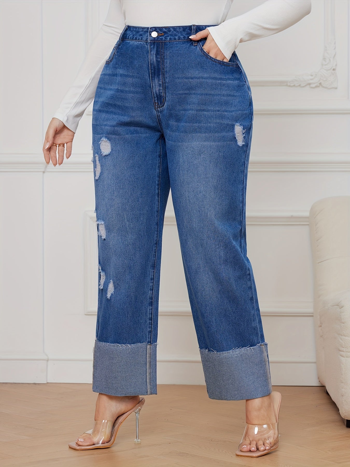  Ripped Button Fly High Rise Straight Leg Jeans
