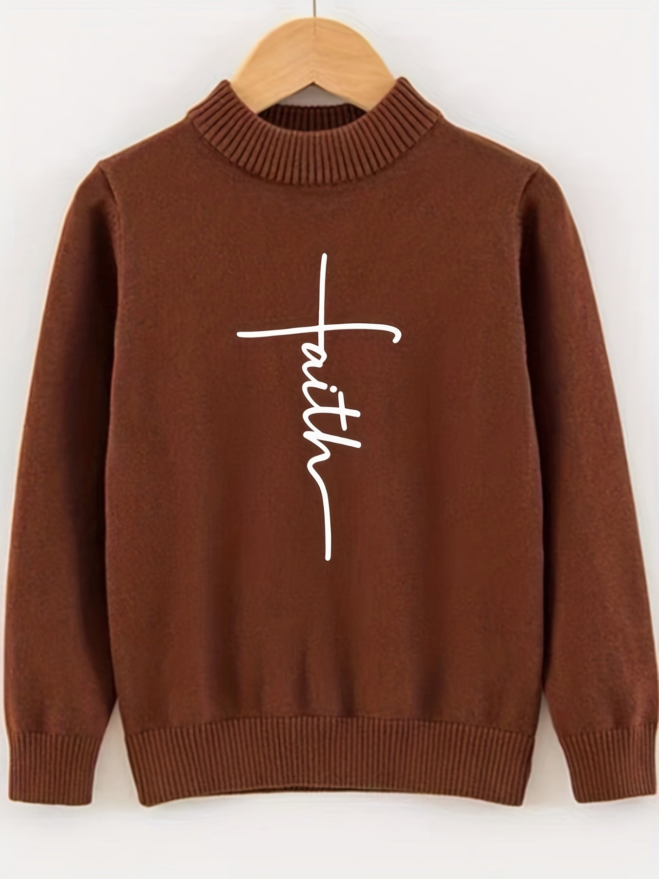 Faith Print Crew Neck Sweater Men's Casual Warm Pullover
