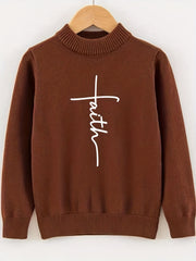 Faith Print Crew Neck Sweater Men's Casual Warm Pullover