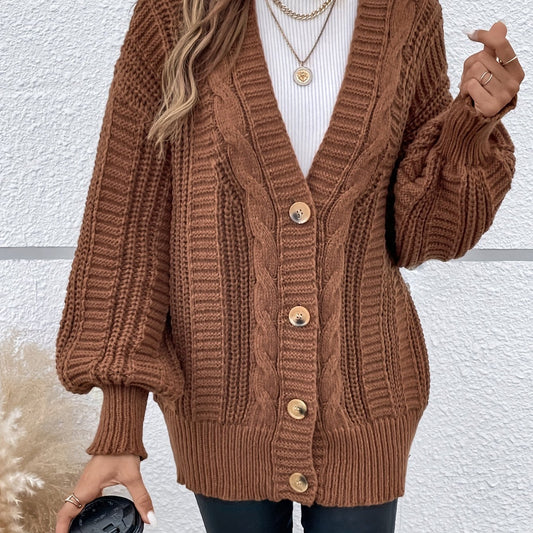  Solid Cable Lantern Sleeve Button Cardigan